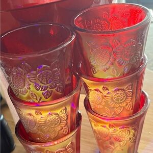 Vintage Amberina Cadmium Red Juice Glasses Sunflowers Floral